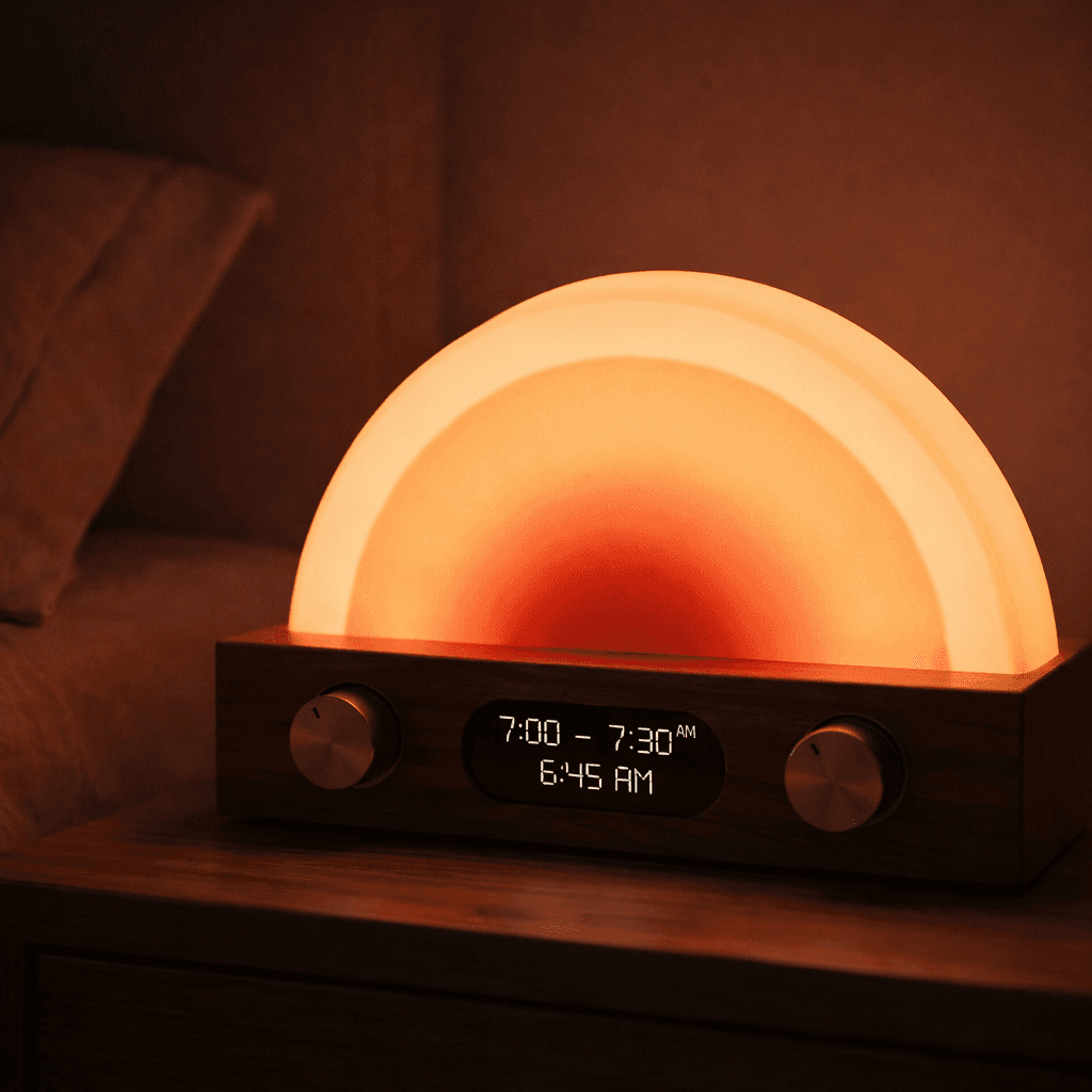 Restarla sleep tracking lamp — walnut wood base with frosted half-dome diffuser glowing warmly