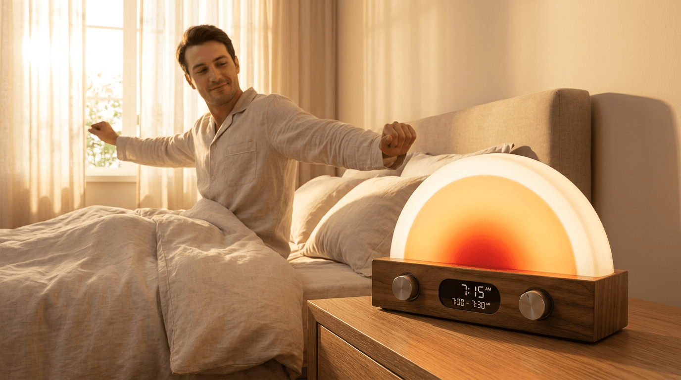Restarla lamp glowing warmly as the user wakes up refreshed